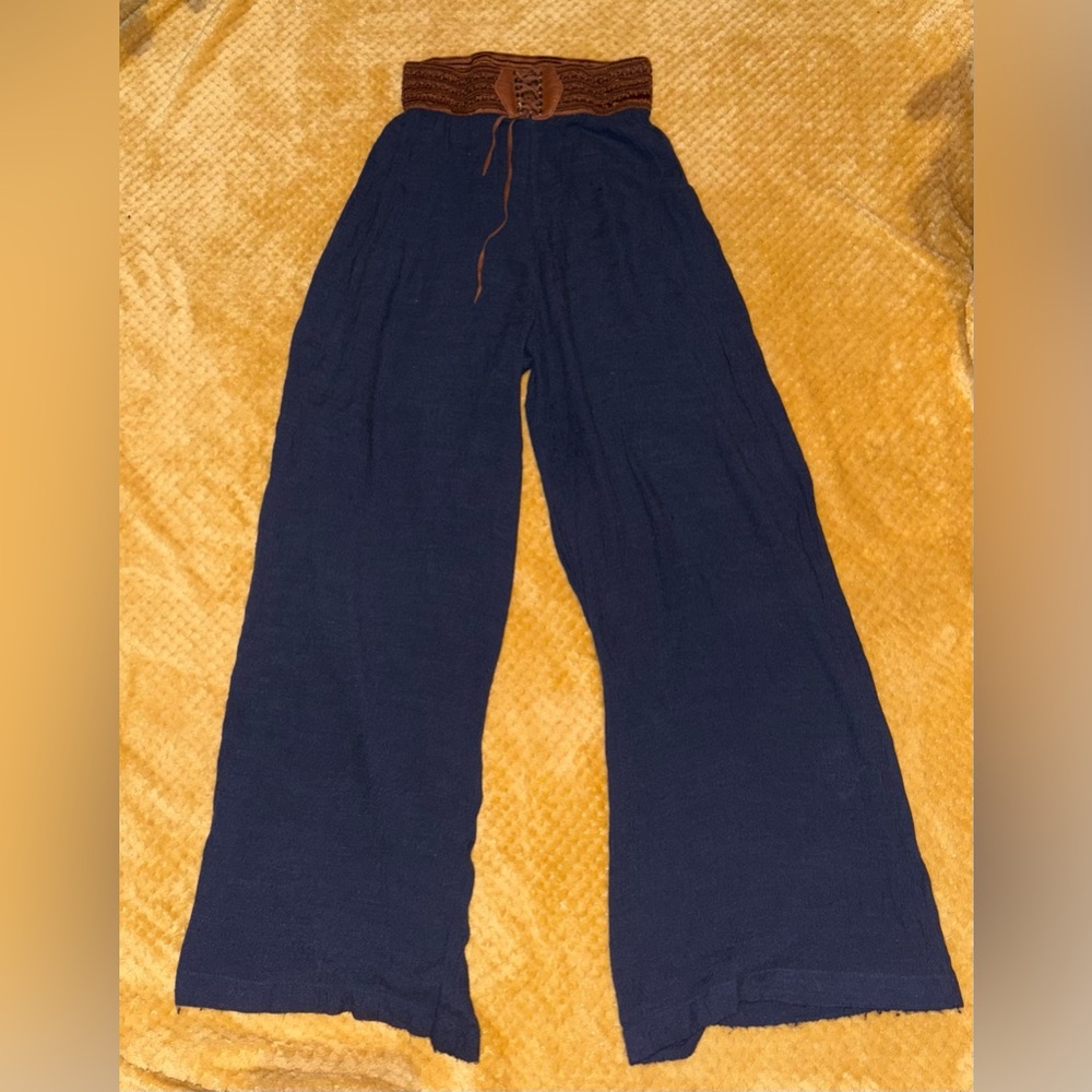 Navy Wide-Leg Pants with Brown Waistband